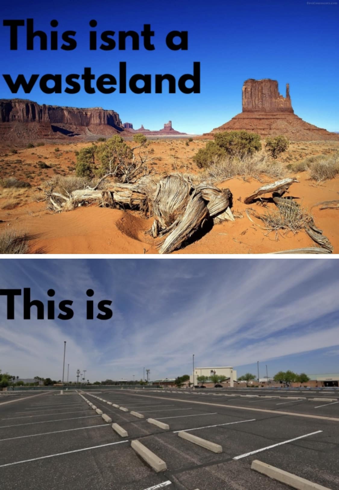 This meme is a humorous comparison between two vastly different landscapes. The top image shows a beautiful, serene desert landscape with a caption "This is a wasteland". The bottom image shows a barren, empty parking lot with a caption "This is a wasteland". The meme is poking fun at the idea that a beautiful desert landscape is not a wasteland, but a parking lot is.